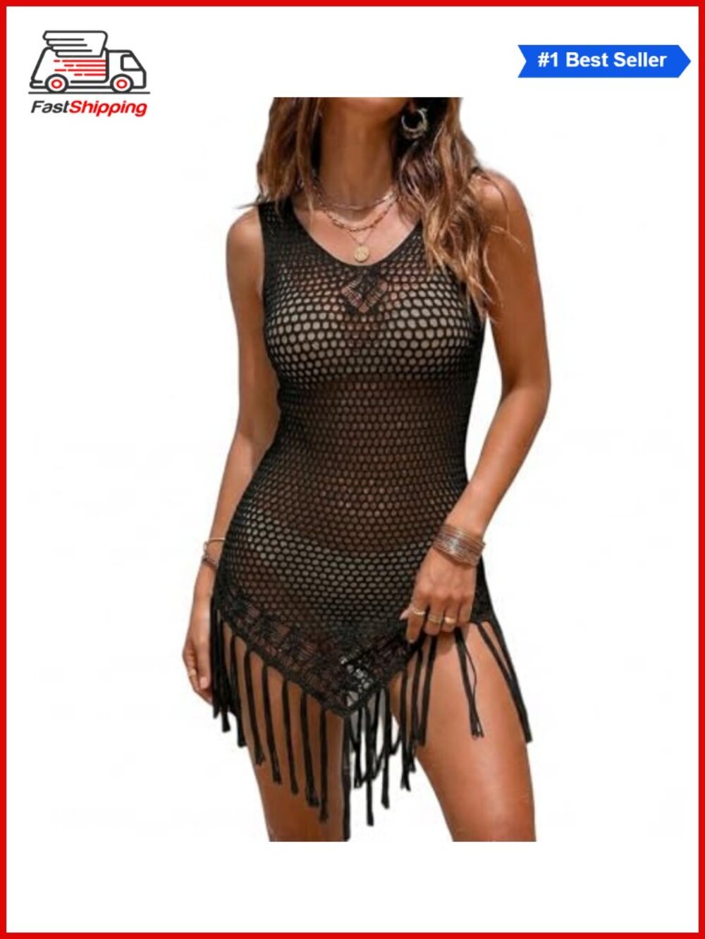 Crochet Swimsuit Coverup Tassel Trim Asymmetric Hem Beachwear